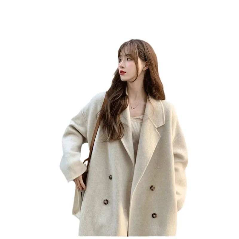 Elegant Style Woolen Coat, Plus Size Ladies Autumn Winter Loose Fit, Hepburn Style, Medium Length Jacket