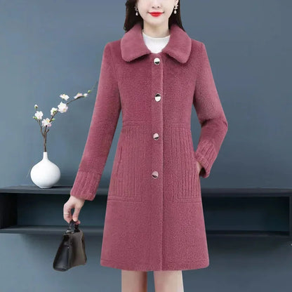 Luxurious Winter Lamb Fur Jacket, Thickened Long Woolen Coat, Fashionable Polyester Design for Mothers and Women