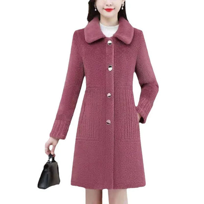 Luxurious Winter Lamb Fur Jacket, Thickened Long Woolen Coat, Fashionable Polyester Design for Mothers and Women