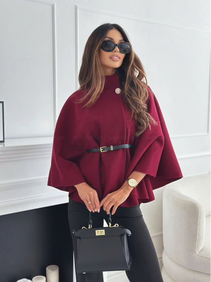 Elegant Womens Tweed Poncho Coat, Batwing Sleeves, Single Buckle, Thick Warm Winter Outwear, Loose Fit