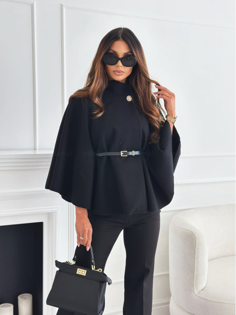 Elegant Womens Tweed Poncho Coat, Batwing Sleeves, Single Buckle, Thick Warm Winter Outwear, Loose Fit