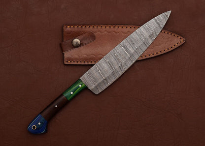 Handmade Damascus Steel Fillet Knife  7 Chef Knife With Pakka Wood Handle  Leather Sheath 1