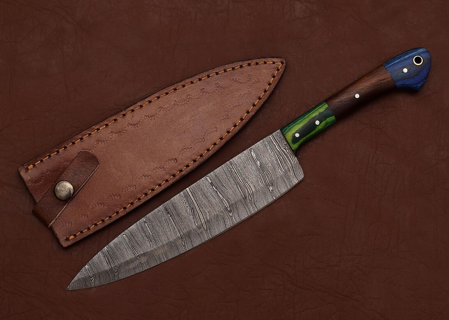 Handmade Damascus Steel Fillet Knife  7 Chef Knife With Pakka Wood Handle  Leather Sheath 2