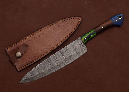 Handmade Damascus Steel Fillet Knife  7 Chef Knife With Pakka Wood Handle  Leather Sheath 2