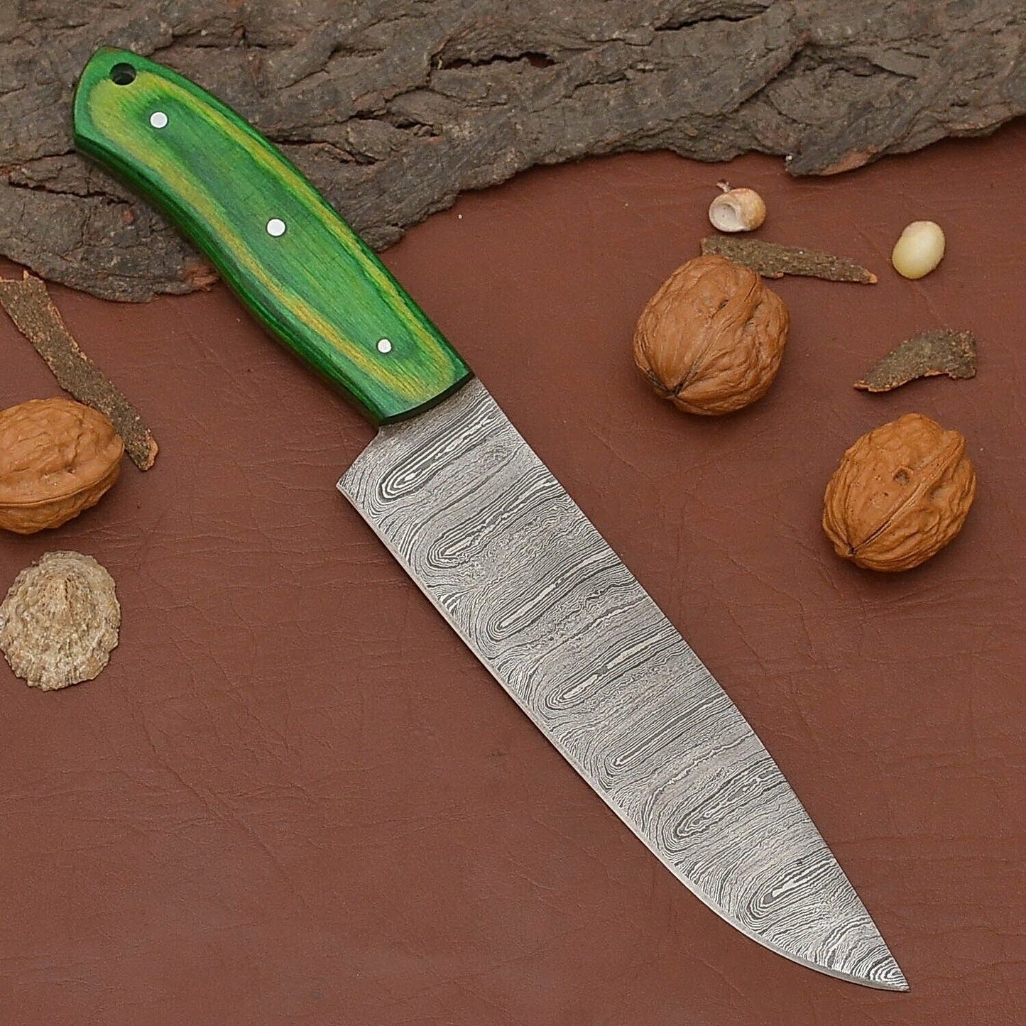 Damascus Steel Fillet Knife  7 Chef Knife With Pakka Wood Handle  Leather Sheath 1