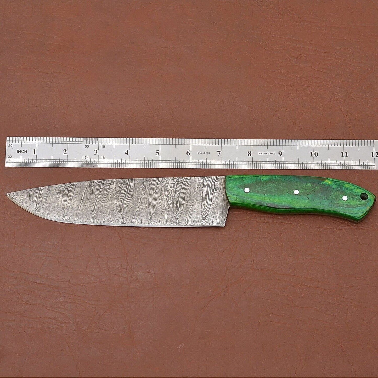 Damascus Steel Fillet Knife  7 Chef Knife With Pakka Wood Handle  Leather Sheath 2