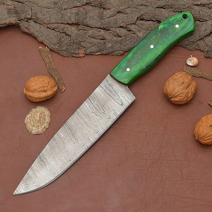 Damascus Steel Fillet Knife – 7" Chef Knife with Pakka Wood Handle & Leather Sheath
