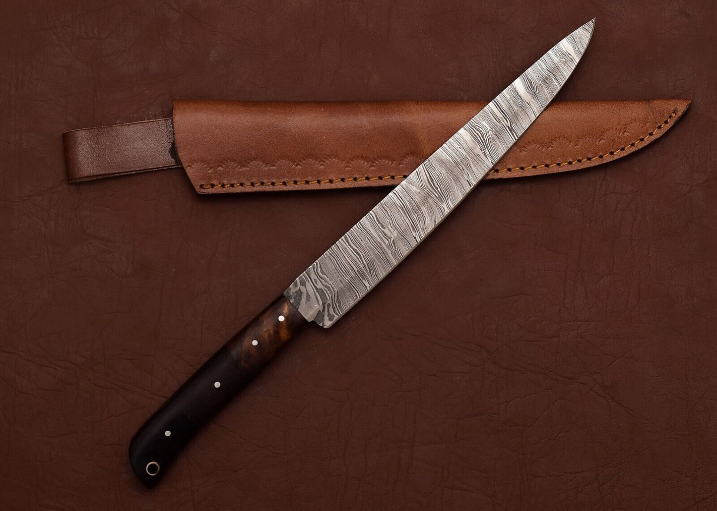 Custom Handmade Damascus Kitchen Knife  7 Inch Fillet Blade With Leather Sheath 1
