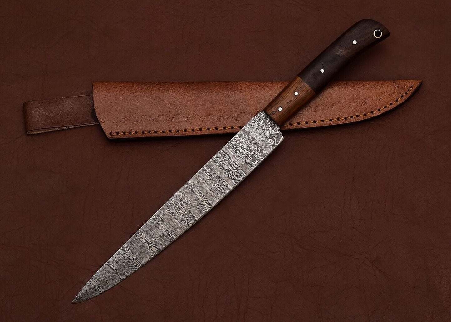 Custom Handmade Damascus Kitchen Knife  7 Inch Fillet Blade With Leather Sheath 2