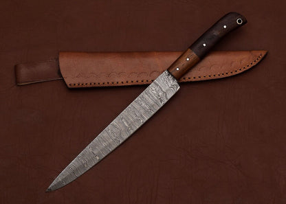 Custom Handmade Damascus Kitchen Knife  7 Inch Fillet Blade With Leather Sheath 2