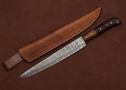 Custom Handmade Damascus Kitchen Knife – 7 Inch Fillet Blade with Leather Sheath