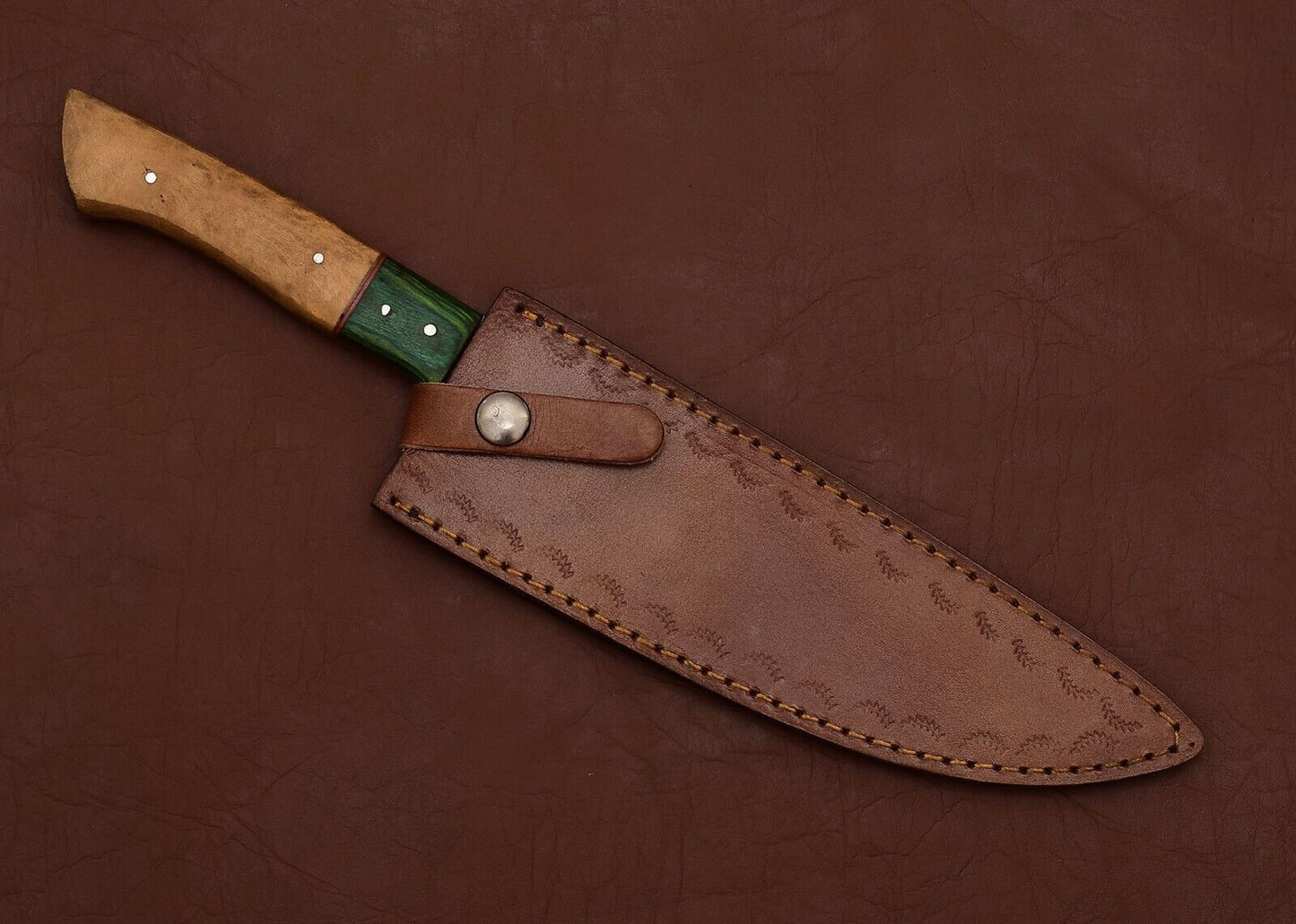 Handmade Damascus Kitchen Knife  7 Inch Fillet Blade With Leather Sheath 3