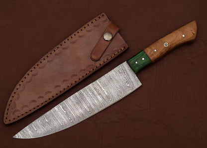 Handmade Damascus Kitchen Knife  7 Inch Fillet Blade With Leather Sheath 2