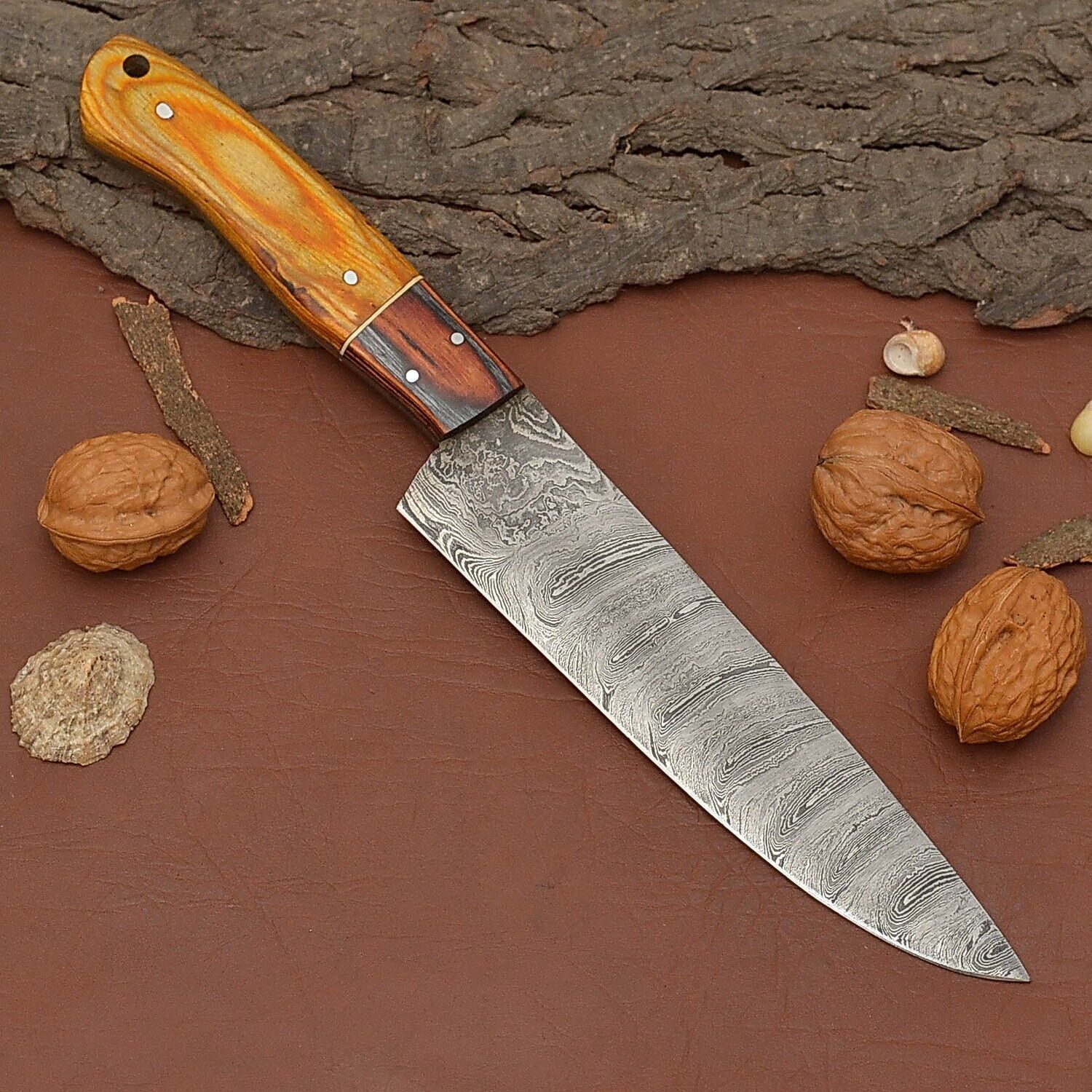 Custom Crafted Damascus Steel Fillet Knife  Wood Handle Knife For Kitchen  Camping 1