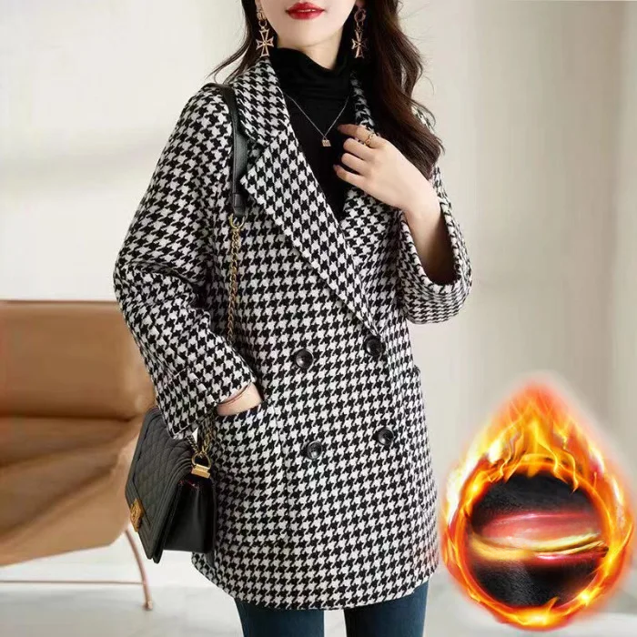 Womens Thousand Birds Plaid Woolen Jacket Autumn Winter New Style Fleece Lined Medium Length Overco