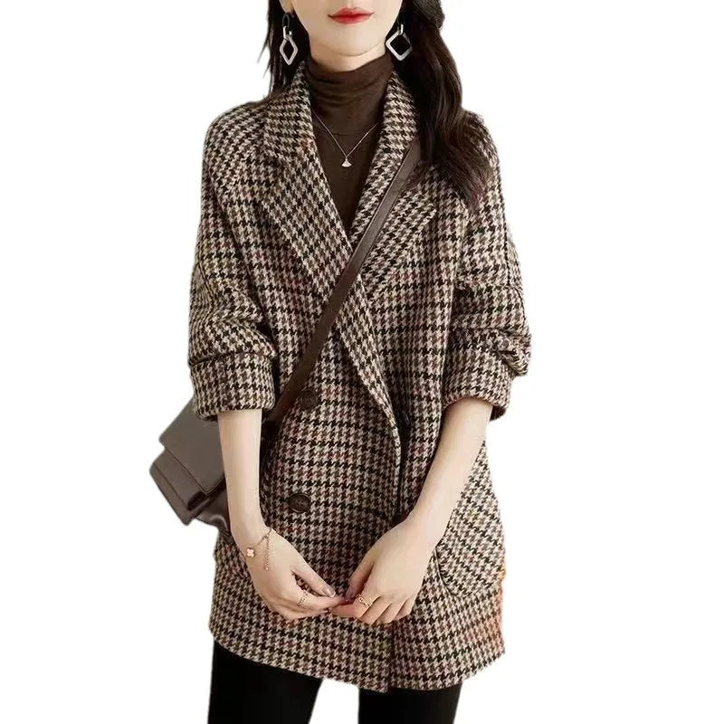 Women's Thousand Birds Plaid Woolen Jacket, Autumn Winter New Style, Fleece Lined Medium Length Overcoat