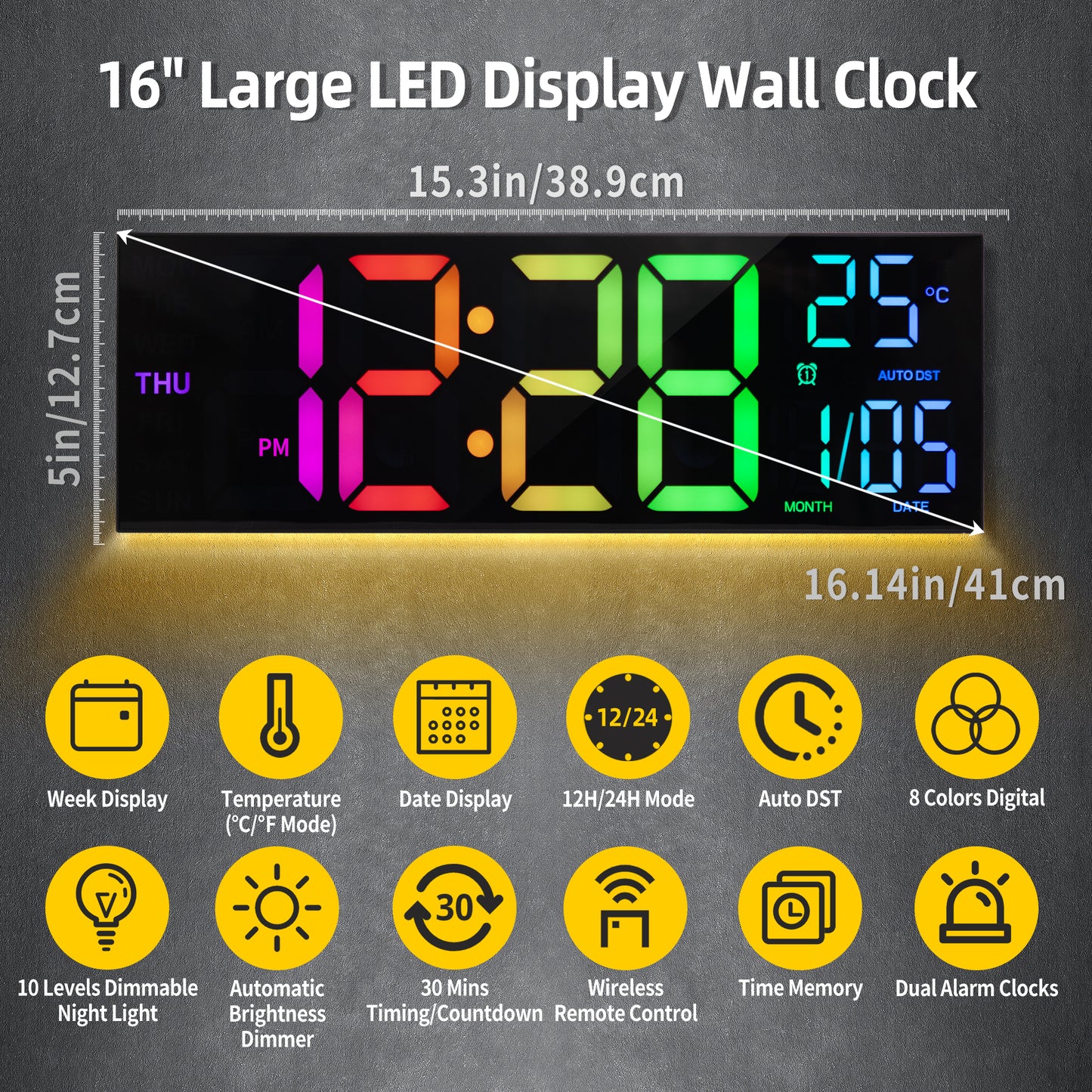 Digital Wall Clock with Big LED Display, Remote Control, Alarm, Temperature, and DST for Kitchen, Living Room