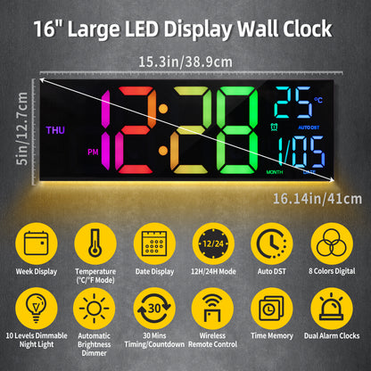 Digital Wall Clock with Big LED Display, Remote Control, Alarm, Temperature, and DST for Kitchen, Living Room