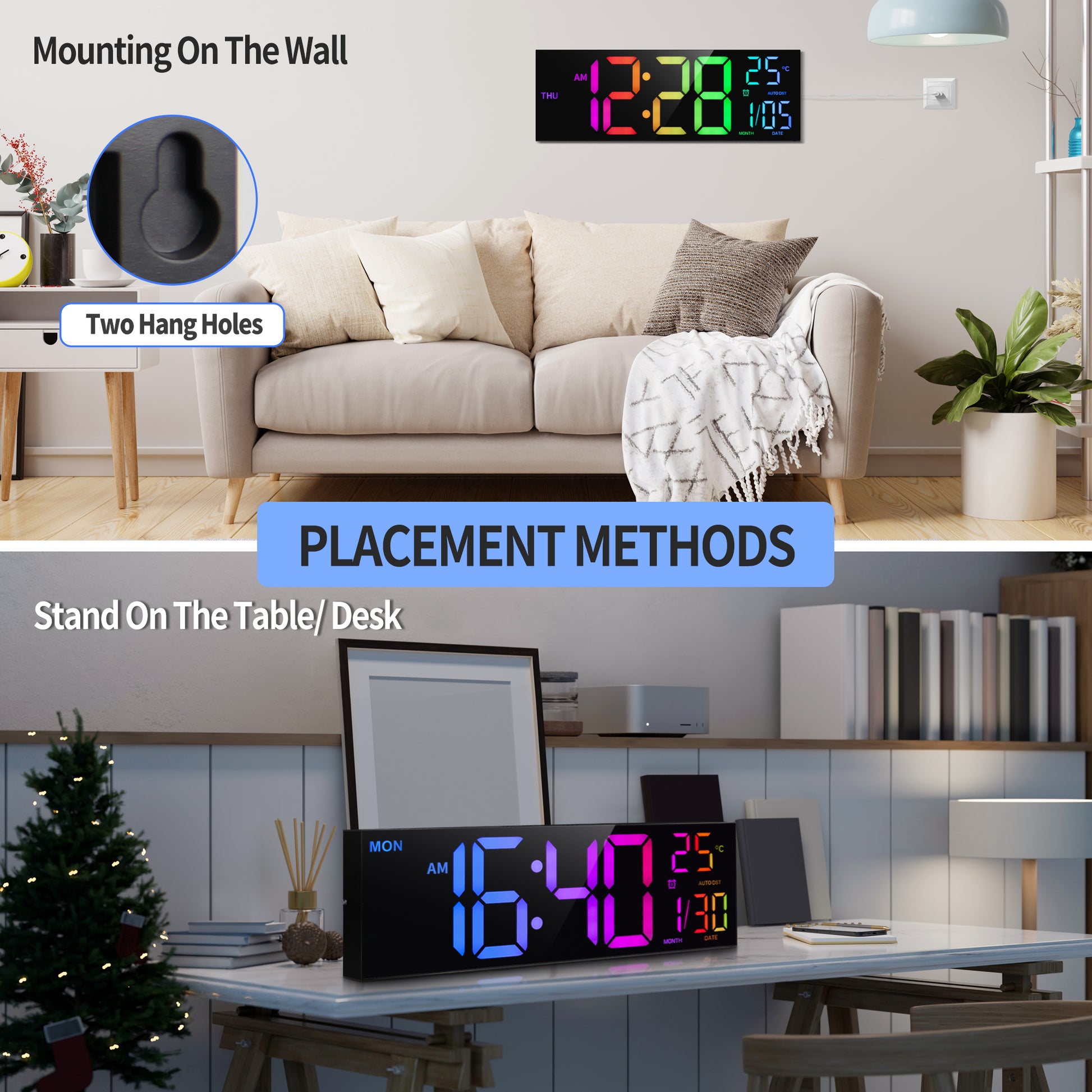 Digital Wall Clock with Big LED Display, Remote Control, Alarm, Temperature, and DST for Kitchen, Living Room