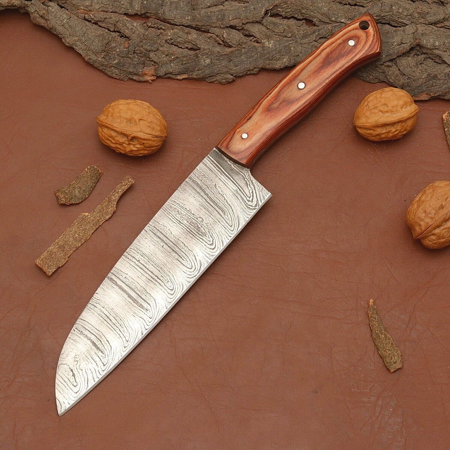 Custom Forged Damascus Steel Fillet Knife – Professional Chef Knife with Leather Sheath