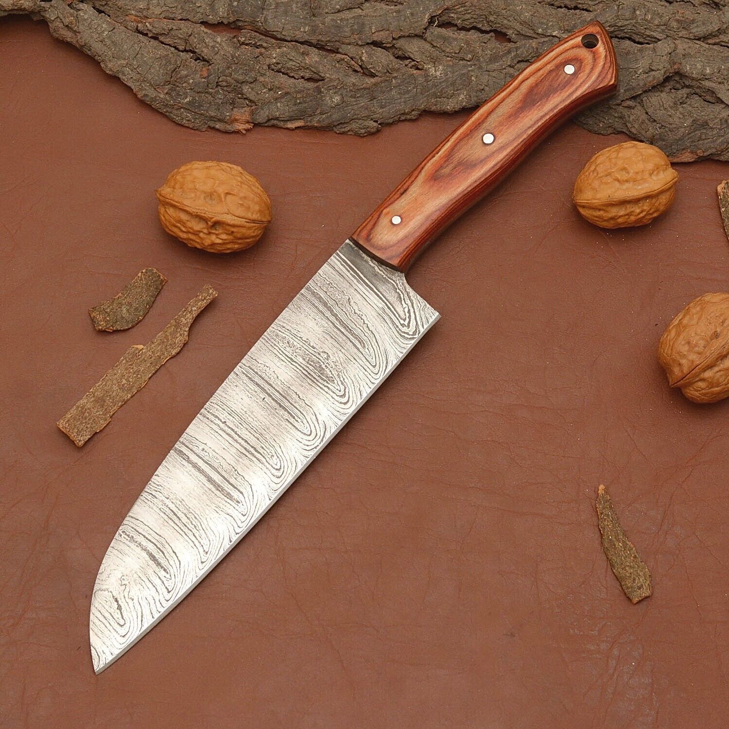 Custom Forged Damascus Steel Fillet Knife – Professional Chef Knife with Leather Sheath