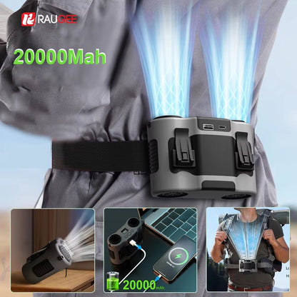 BreezeBelt Portable Waist Clip Fan – 20000mAh Rechargeable Hanging Fan with Double Air Outlets for Outdoor Work & Travel