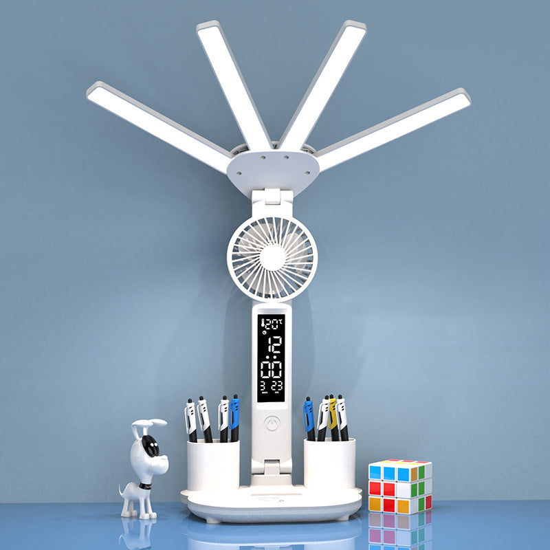 Rechargeable Table Lamp for Study, Desk Lamp with Fan and LED Clock, Reading Light