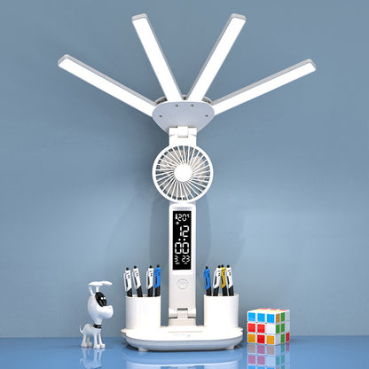 Rechargeable Table Lamp for Study, Desk Lamp with Fan and LED Clock, Reading Light