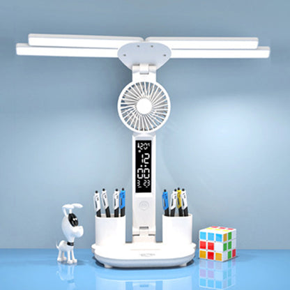 Rechargeable Table Lamp for Study, Desk Lamp with Fan and LED Clock, Reading Light