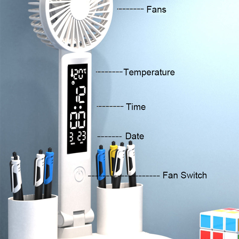 Rechargeable Table Lamp for Study, Desk Lamp with Fan and LED Clock, Reading Light