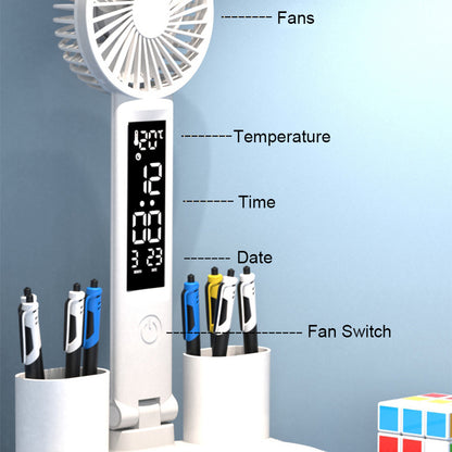 Rechargeable Table Lamp for Study, Desk Lamp with Fan and LED Clock, Reading Light