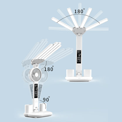 Rechargeable Table Lamp for Study, Desk Lamp with Fan and LED Clock, Reading Light
