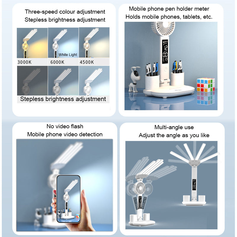 Rechargeable Table Lamp for Study, Desk Lamp with Fan and LED Clock, Reading Light