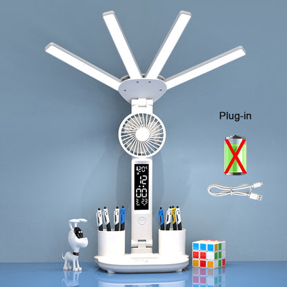 Rechargeable Table Lamp for Study, Desk Lamp with Fan and LED Clock, Reading Light
