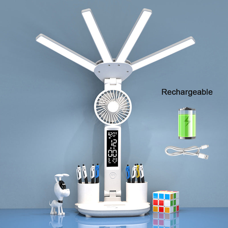 Rechargeable Table Lamp for Study, Desk Lamp with Fan and LED Clock, Reading Light
