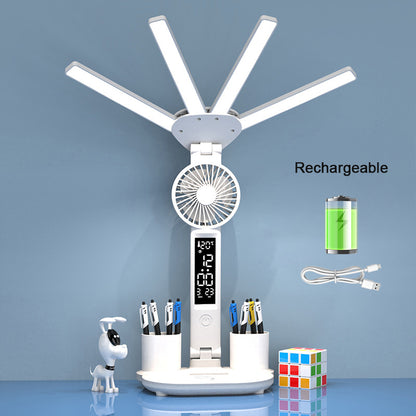 Rechargeable Table Lamp for Study, Desk Lamp with Fan and LED Clock, Reading Light