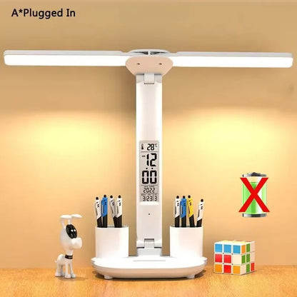 Rechargeable Table Lamp for Study, Desk Lamp with Fan and LED Clock, Reading Light