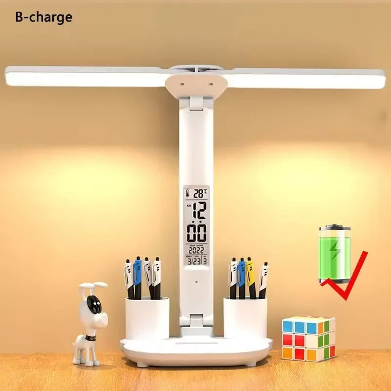 Rechargeable Table Lamp for Study, Desk Lamp with Fan and LED Clock, Reading Light