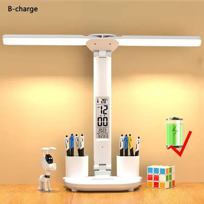 Rechargeable Table Lamp for Study, Desk Lamp with Fan and LED Clock, Reading Light