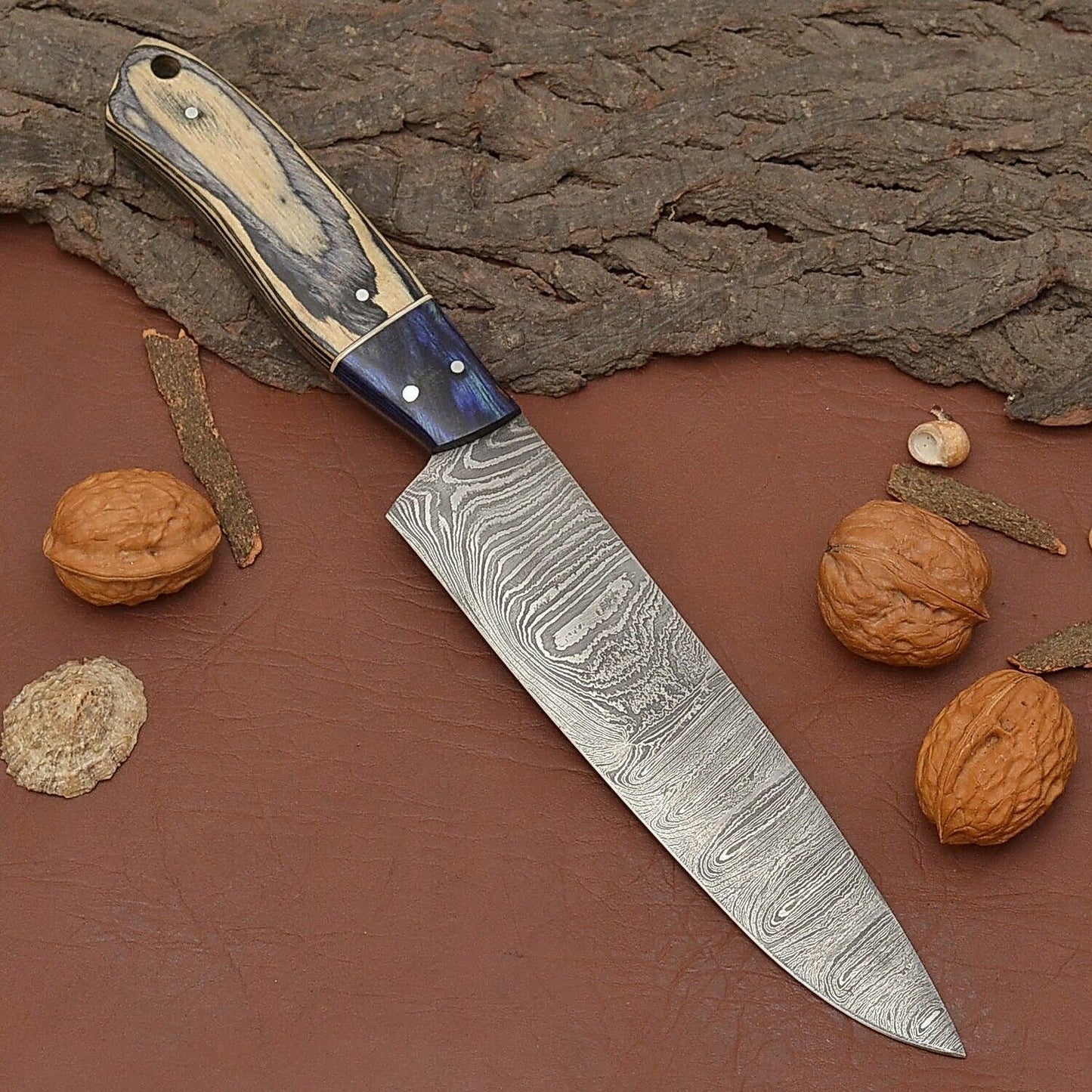 Custom Crafted Damascus Steel Chef Knife  7 Fillet Blade With Leather Sheath 1
