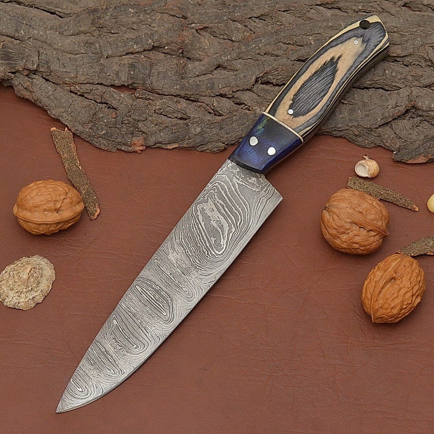 Custom Crafted Damascus Steel Chef Knife – 7" Fillet Blade with Leather Sheath