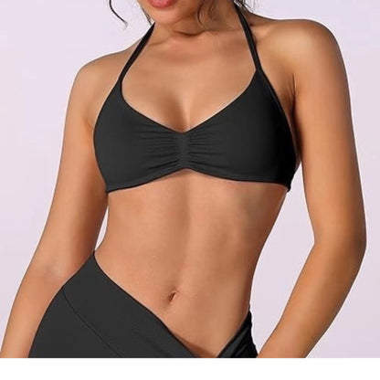FlexEase Strappy Sports Bra – Seamless High-Support Yoga Top with Thin Halter Straps for Women
