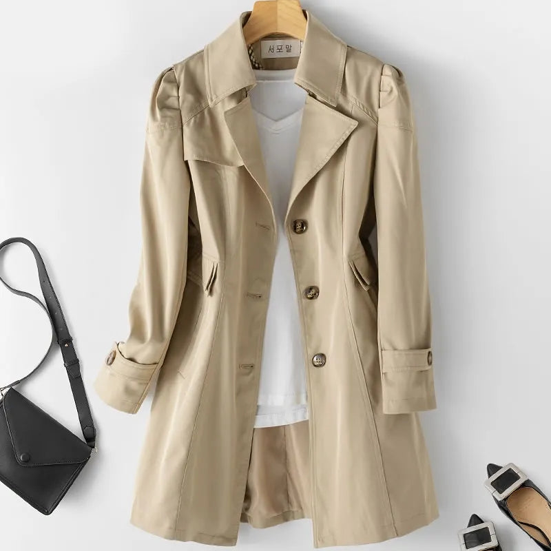 Elegant Korean Trench Coat for Women, New Double Breasted Overcoat, Mid Long Windbreaker Outerwear for Spring, Autumn