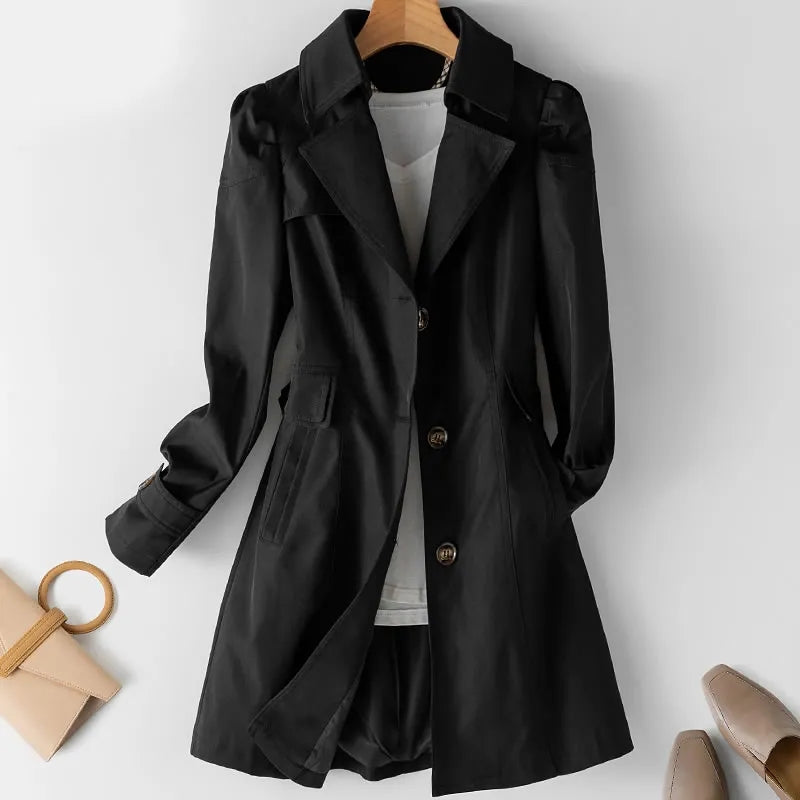 Elegant Korean Trench Coat for Women, New Double Breasted Overcoat, Mid Long Windbreaker Outerwear for Spring, Autumn