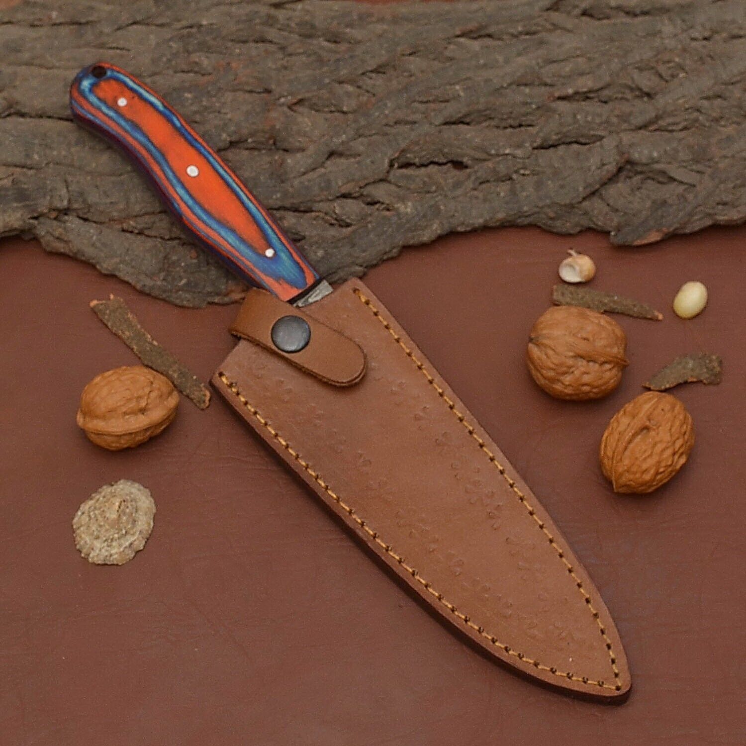 Handmade Damascus Steel Chef Fillet Knife  Wood Handle  Sheath Included 3