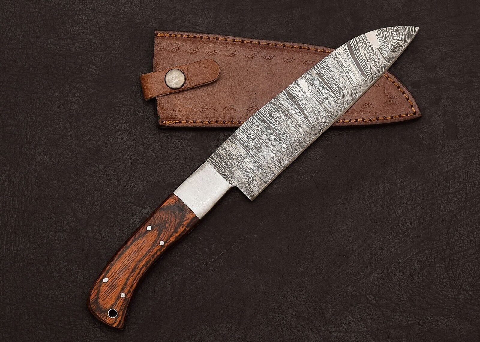 Handcrafted Damascus Steel Chef Knife  7 Inch Fillet Blade With Leather Sheath 1