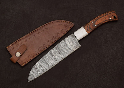 Handcrafted Damascus Steel Chef Knife – 7 Inch Fillet Blade with Leather Sheath