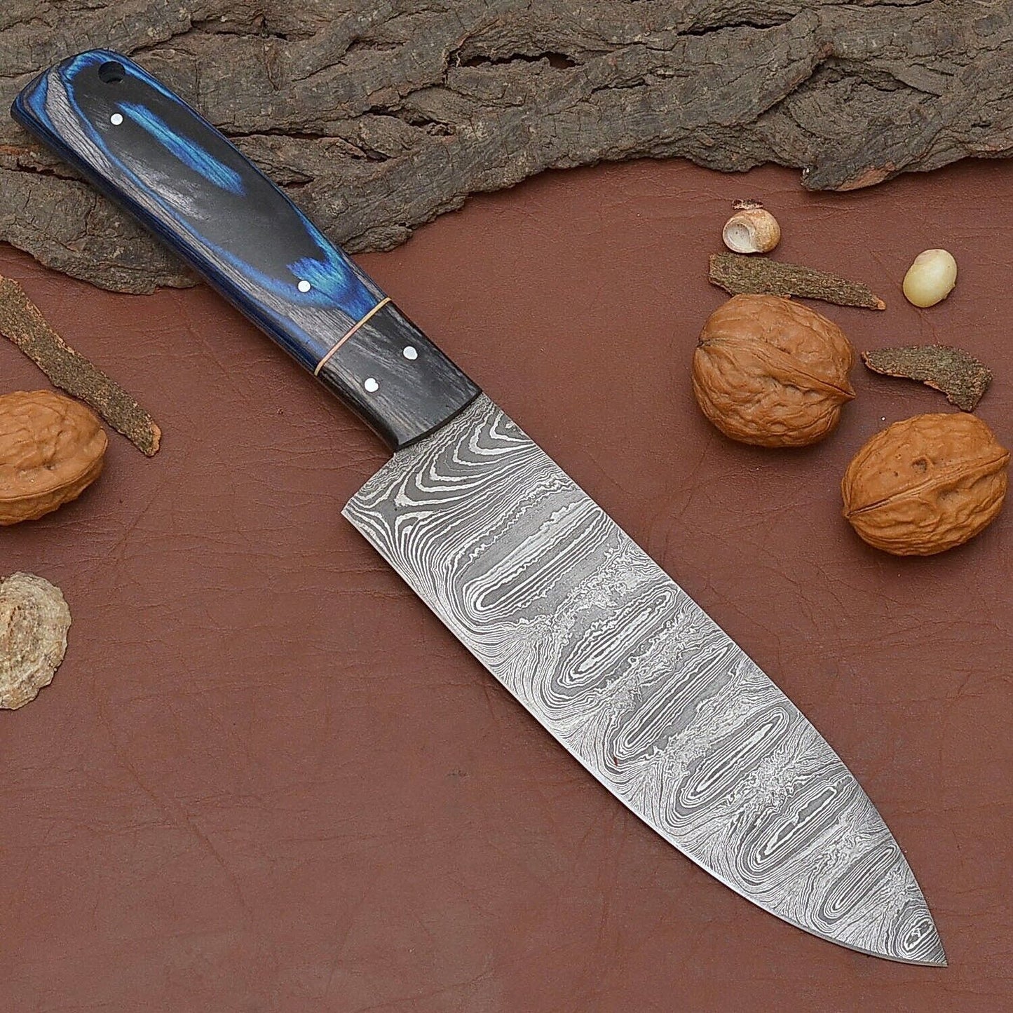Unique Handmade Damascus Steel Chef Knife – Wood Handle Fillet Knife with Sheath