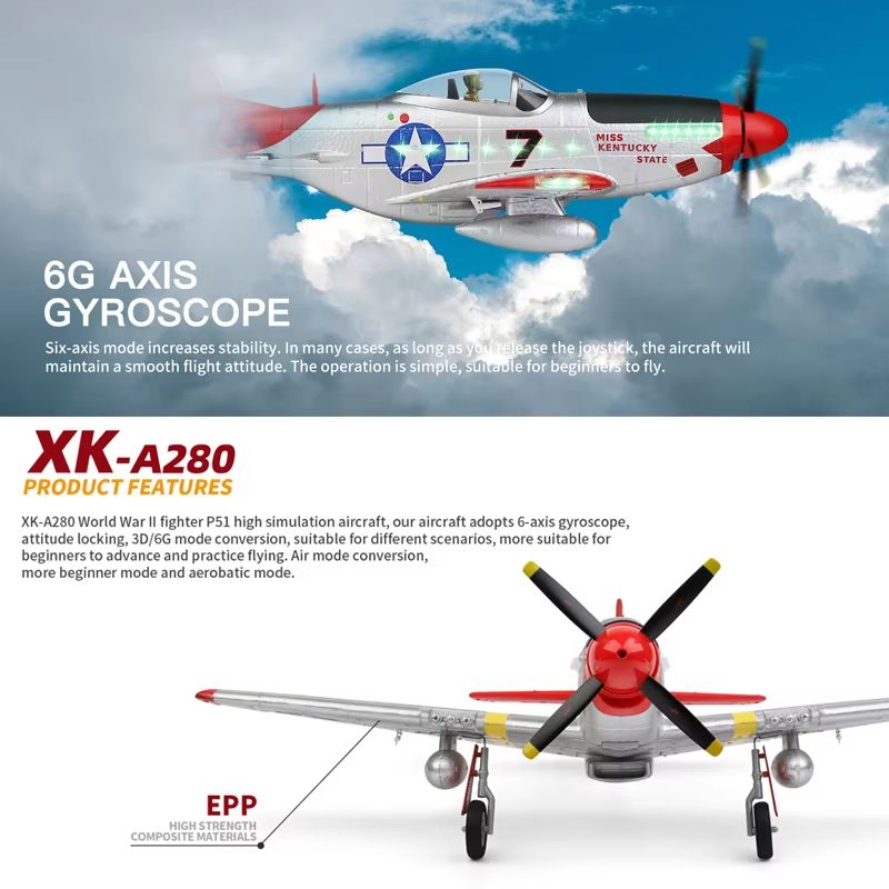 WLtoys XK A280 RC Airplane  24G 4CH P51 Fighter With 3D6G Flight Mode  LED Searchlight For Kids And 2
