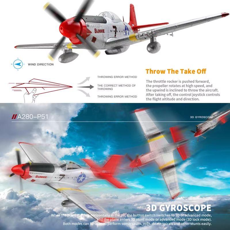 WLtoys XK A280 RC Airplane  24G 4CH P51 Fighter With 3D6G Flight Mode  LED Searchlight For Kids And 4